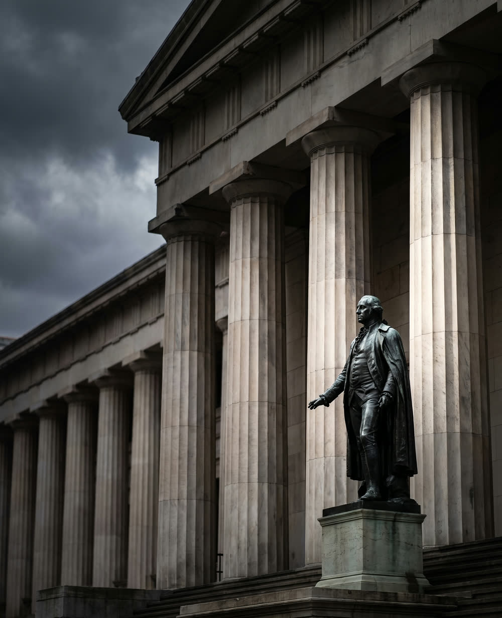 The columns of Federal Hall and the bronze statue of George Washington, Wall Street.