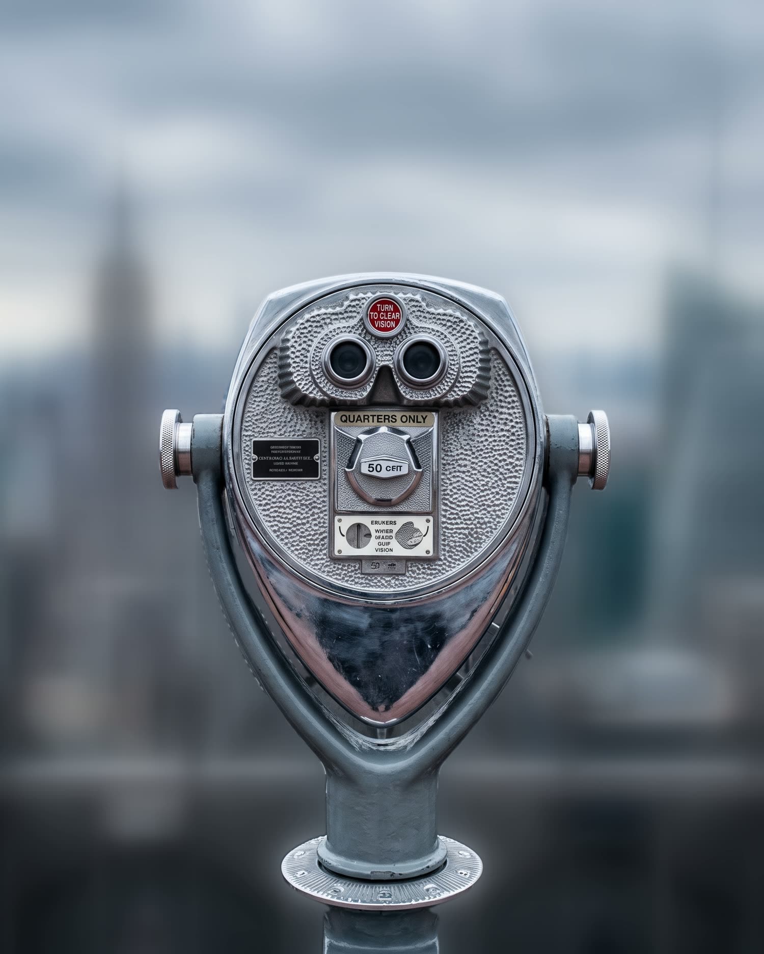 A coin-operated tower viewer square to camera on a Midtown observation deck, the Manhattan skyline beyond it unreadable.