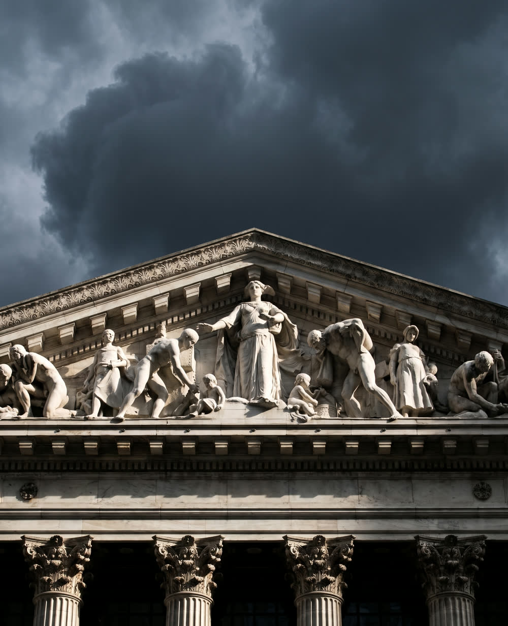 The carved marble pediment of the New York Stock Exchange.